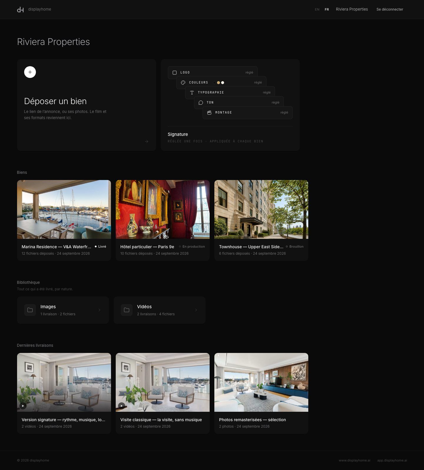 The home of the space: drop a listing, the signature, your listings and their status, the library.