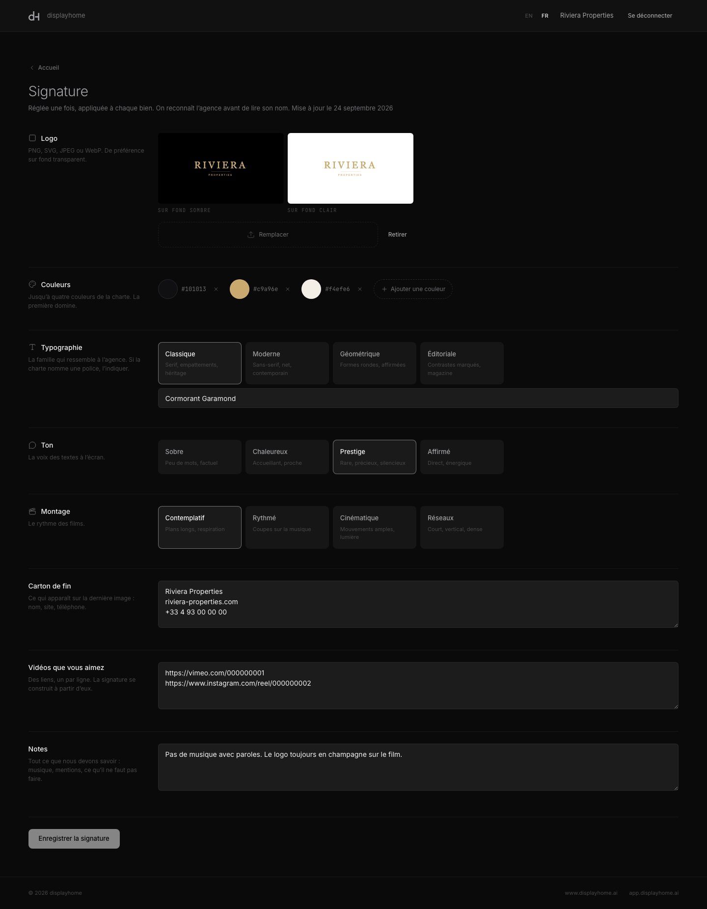 An agency’s signature: logo, colours, typography, tone, editing, end card.
